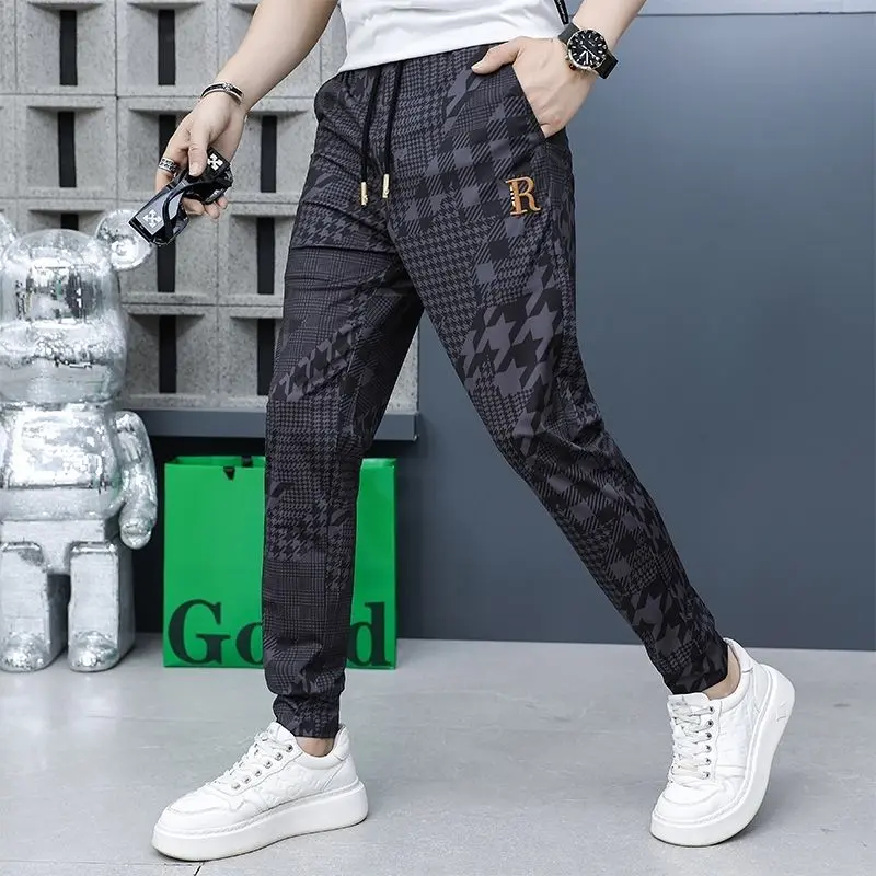 MEN'S New ins fashion brand American thin plaid design loose slim-fit ankle-sized pants casual sports harem pants Menswear Trouser Lingerie Pocket