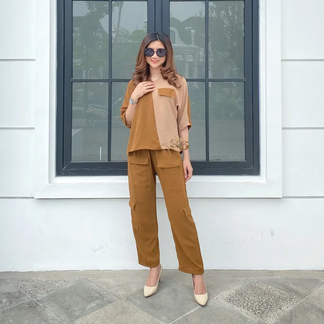 db- Azizah setelan wanita kekinian terbaru 2025 oneset korean style set crinkle airflow jumbo kombinasi warna Celana Baju set remaja dewasa celana panjang celana Kulot Atasan tangan 3/4
