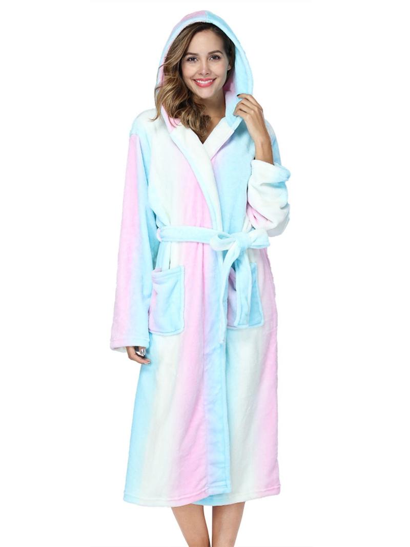 Product Introduction of Women's All Over Print Flannel Hooded Robe, Fashion Dual Pocket Drop Shoulder Belted Bathrobe, Women's Sleepwear & Loungewear for Fall & Winter 6