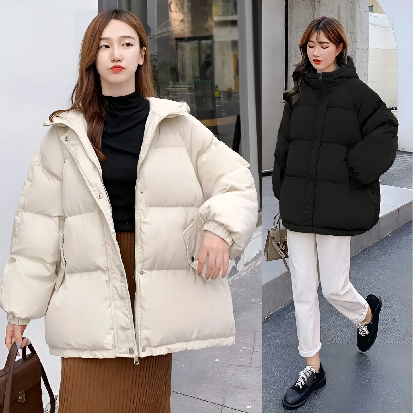 Áo phao béo nữ có mũ chất Poly Cotton Trơn Trần Bông Siêu Ấm, Áo Phao Béo Nữ Hàn Quốc 2023