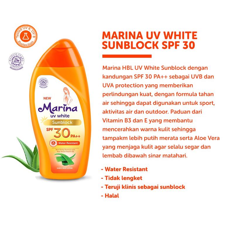 MARINA UV WHITE SUNBLOCK SPF 30 PA++ 85 ML SUNBLOK BADAN WATERPROOF PELINDUNG TABIR SURYA ANTI AIR 2