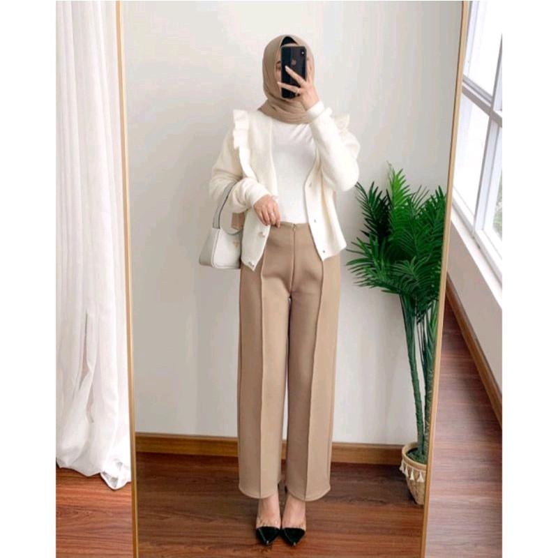 Buna Cullote Zipper Highwaist Scuba Premium Celana Kulot Wanita Basic HW Irene Cullotes Scuba Wide Leg Premium 4