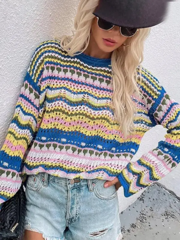 Women's Colorful Striped Print Hollow Out Drop Shoulder Sweater, Chic Elegance Casual Breathable Long Sleeve Round Neck Pullover Jumper for Spring & Fall, Sweater for Women, Sweaters for Women, Fashion Women's Knitwear for Daily Wear 2