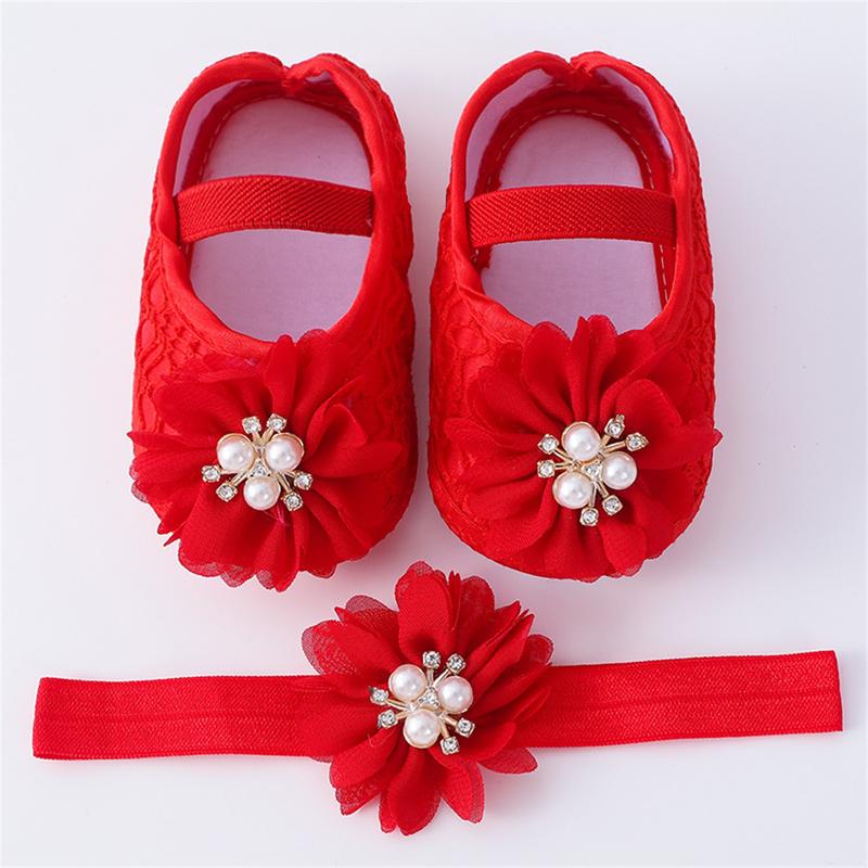 Baby Girls Flats and Headband Soft Sole Non-slip Pearl Flower Princess Wedding Dress Walking Shoes for Newborn 1