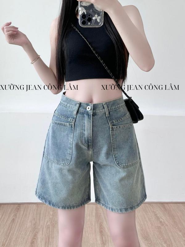 Quần jean ngố nữ lưng cao ống rộng phối túi trước cá tính (S27) 5