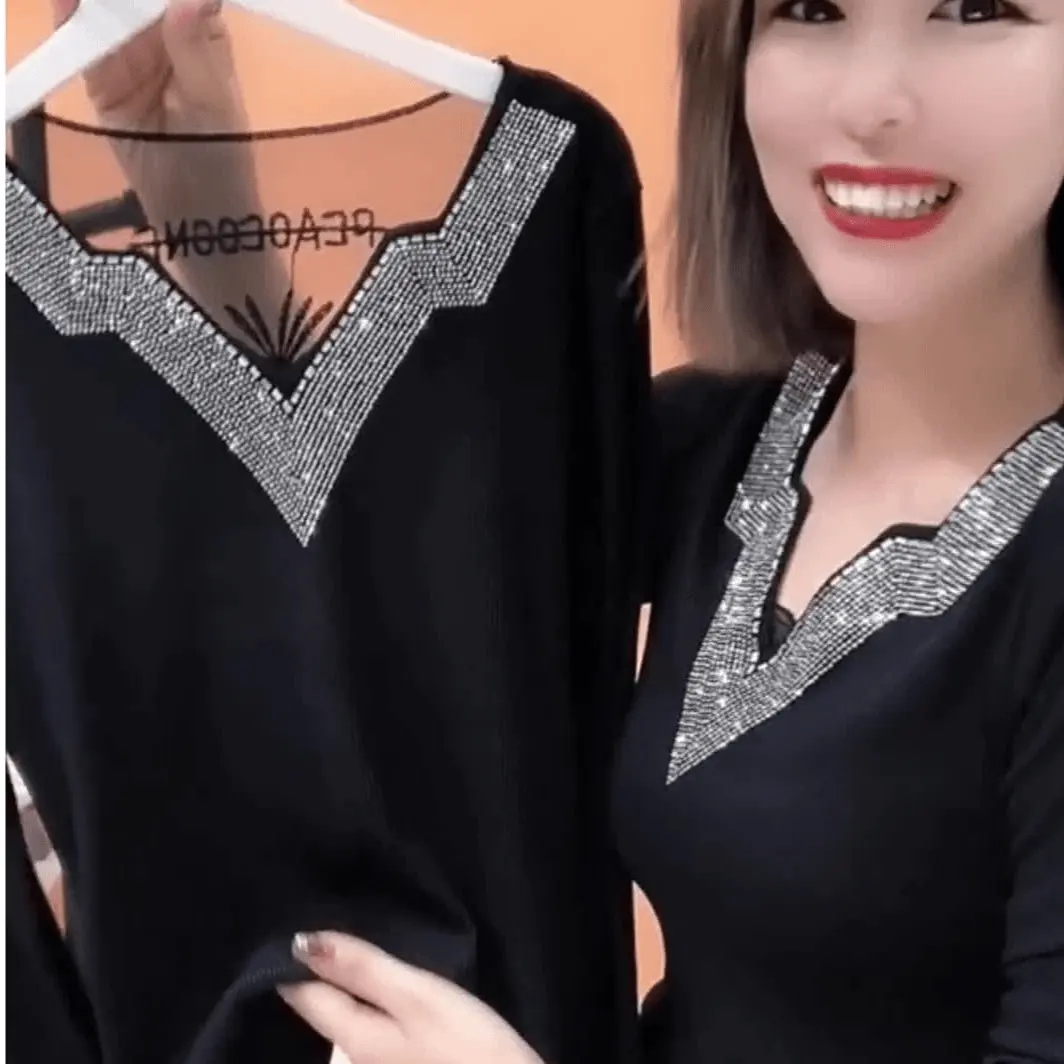 Áo Lớp Nền Ren Thời Trang Phong Cách Trung Quốc Mới Mùa Thu Và Mùa Đông, Dành Cho Nữ, Thêu Nặng, Khoan Nóng, Áo Thun Dài Tay Cổ Chữ V, Thời Trang, Dễ Phối Đồ