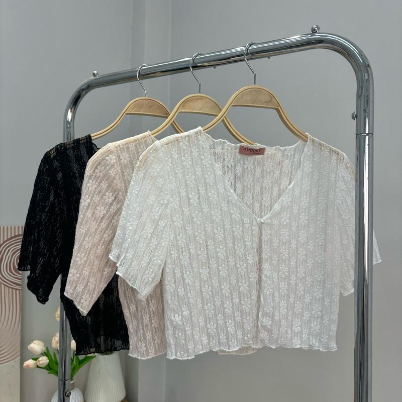 Áo khoác ren mỏng , áo khoác cardigan dáng ngắn tay ngắn cổ tim hai cúc ren nổi M1 màu trắng/đen có bigsize-Orimi Nữ Women Top Jacket