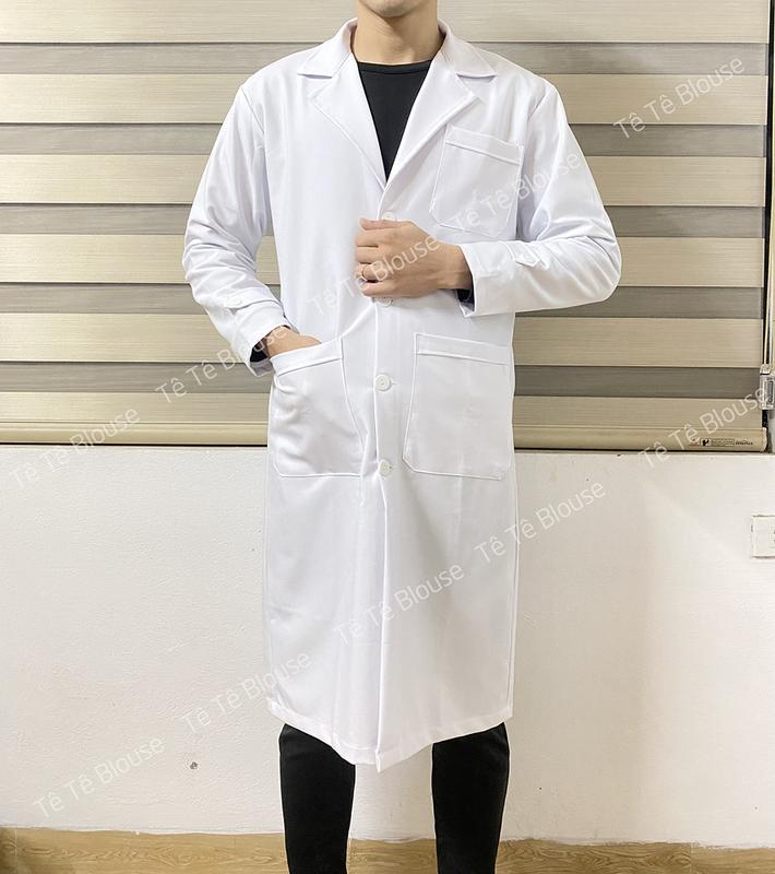 Áo Blouse Nam Nữ Cộc, Dài Tay Dáng Ngang Gối Cao Cấp, Vải Co Giãn, Không Nhăn dùng làm quà tặng cho Bác sĩ, có thêu tên theo yêu cầu - Màu trắng 0