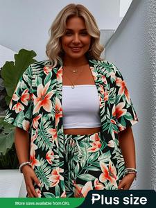 【Plus Size】 Floral ＆ Leaf Print Short Sleeve Shirt & Shorts Set, Casual Button Top & Shorts, Women's Summer Outfits