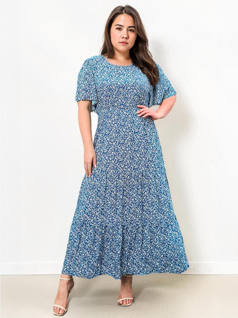 Product Introduction of 【Plus Size】 Ditsy Floral Print Round Neck Dress, Fashion Casual Short Sleeve Long Dress for Daily Holiday Vacation Wear, Women Plus Clothing for All Seasons 1
