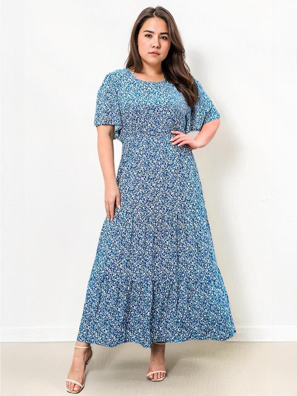 【Plus Size】 Ditsy Floral Print Round Neck Dress, Fashion Casual Short Sleeve Long Dress for Daily Holiday Vacation Wear, Women Plus Clothing for All Seasons 0