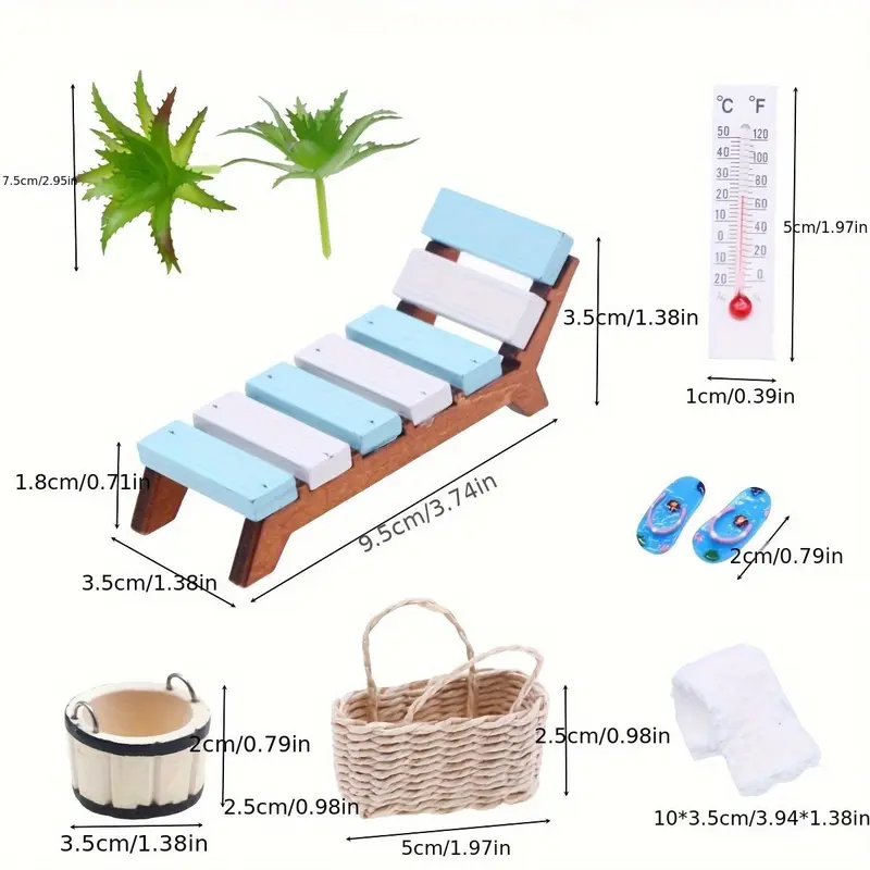 Mini Summer Beach Set, Wooden Beach Chair & Umbrella & Towel & Basket & Thermometer Model, Miniature Scene Shooting Props Model 1