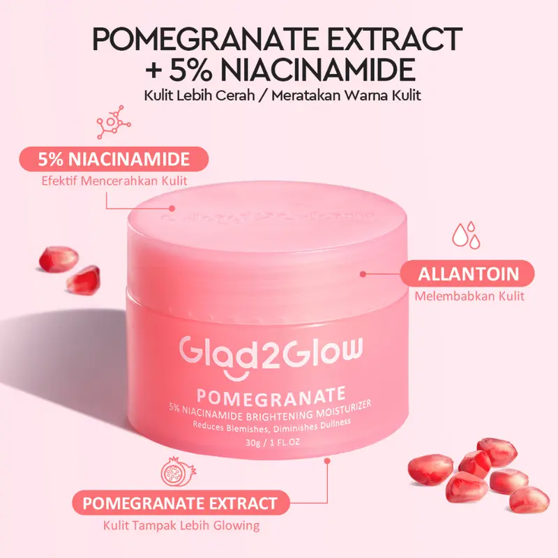 GLAD2GLOW Pomegranate 5% Niacinamide Brightening Moisturizer | 30g Pelembab Wajah 1