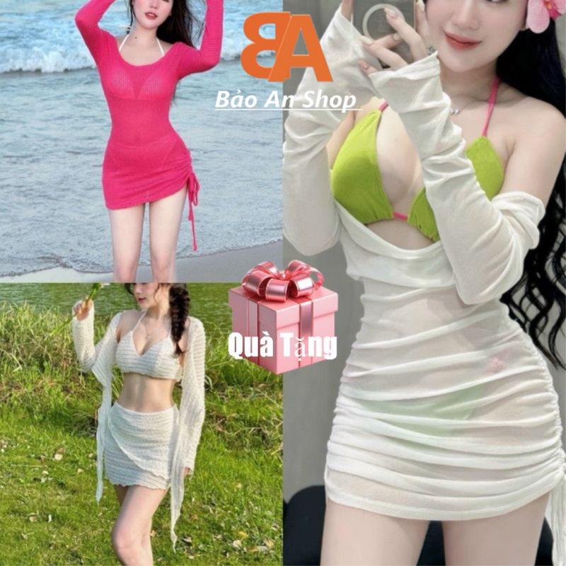 [SB138] Sét bộ nữ 3 món áo lót bikini bra dây hở lưng phối áo khoác lững tay dài chất xốp lưới kèm chân váy ngắn có quần kiểu rút dây 1 bên gợi cảm cá tính