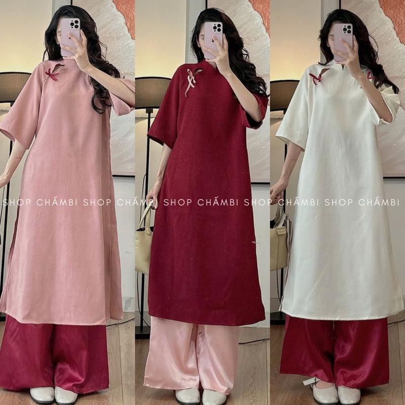 Set Áo dài nữ S.212, Set Áo dài cách tân cổ tàu tay lỡ viền nguyệt phối 2 nơ nhỏ phong cách thanh lịch - Shop Chấm Bi