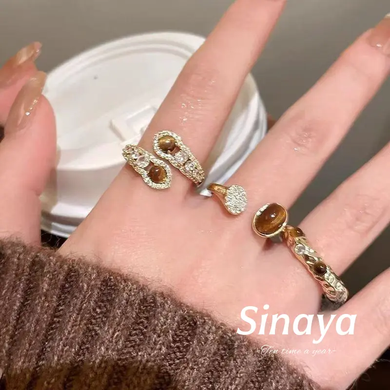 【Sinaya】Cincin Gaya Melade Bentuk Ular Batu Akik Mata Harimau Tertutup Tidak Desain Khusus Retro Z134