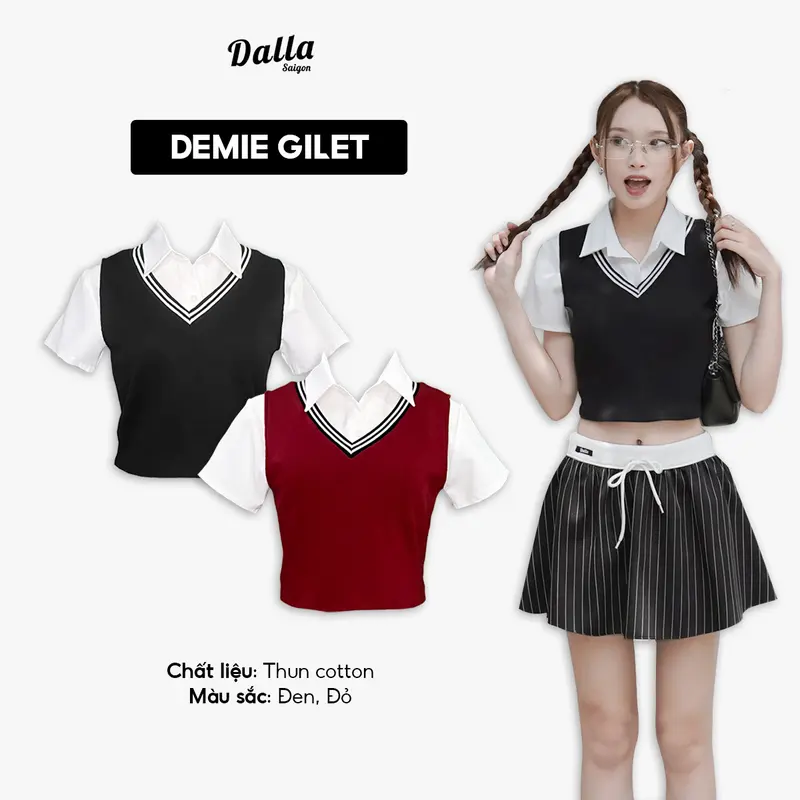 (GL02) DALLA Áo gile ba lỗ croptop màu trắng - đen - đỏ 0