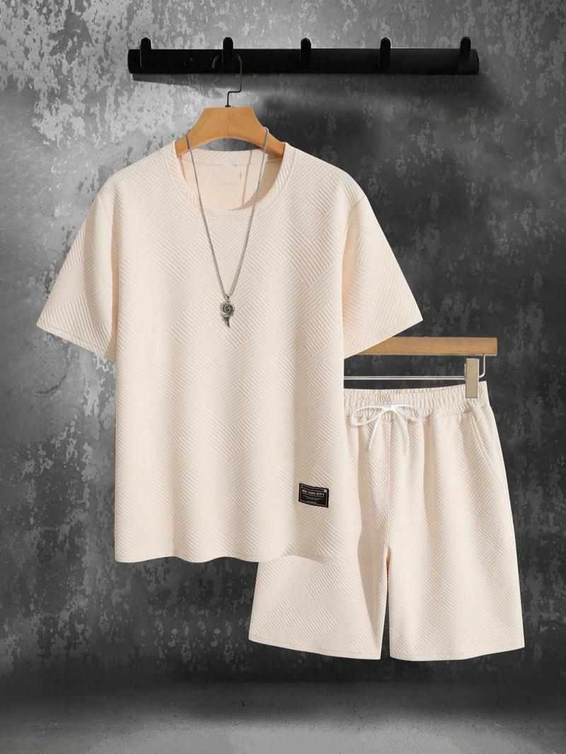 Product Introduction of 2 Pieces Men's Plain Two-Piece Set, Loose Casual Patched Drop Shoulder Tee & Tie Front Pocket Shorts Set, Summer Clothes Set for Men 13