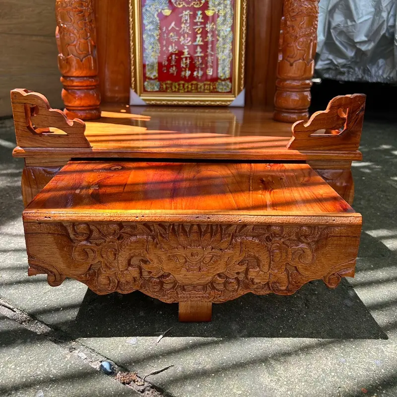[SIÊU RẺ_BÁN CHẠY] Bàn thờ thần tài bàn thờ thổ địa cột rồng mâm kéo rộng gỗ xoan tự nhiên 42cm 48cm 56cm nước sơn nâu cánh gián nhẵn bóng đều đẹp 4