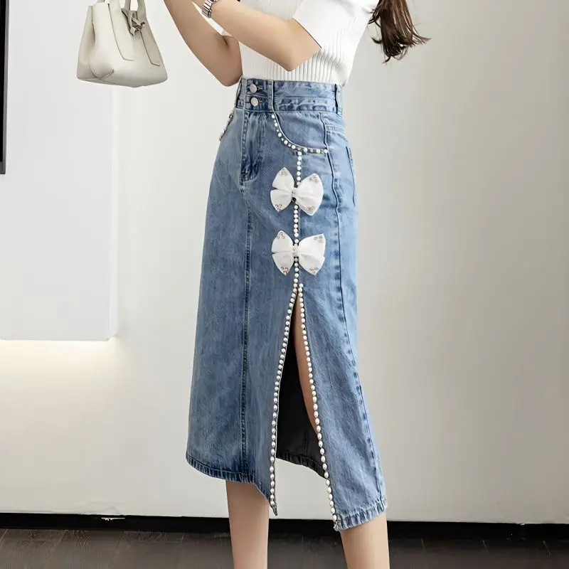 Váy Denim Thắt Nơ Đính Cườm Phong Cách Phương Tây Cho Nữ, Công Nghiệp Nặng, Váy Mùa Hè, Váy Bodycon Xẻ Tà Eo Cao Mới 2023