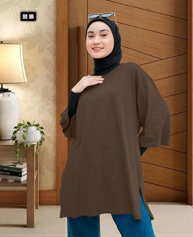 Atasan Kaos Oversize Basic Polos Ld 130cm Baju Kaos Wanita Panjang Top Hijab Jumbo 3