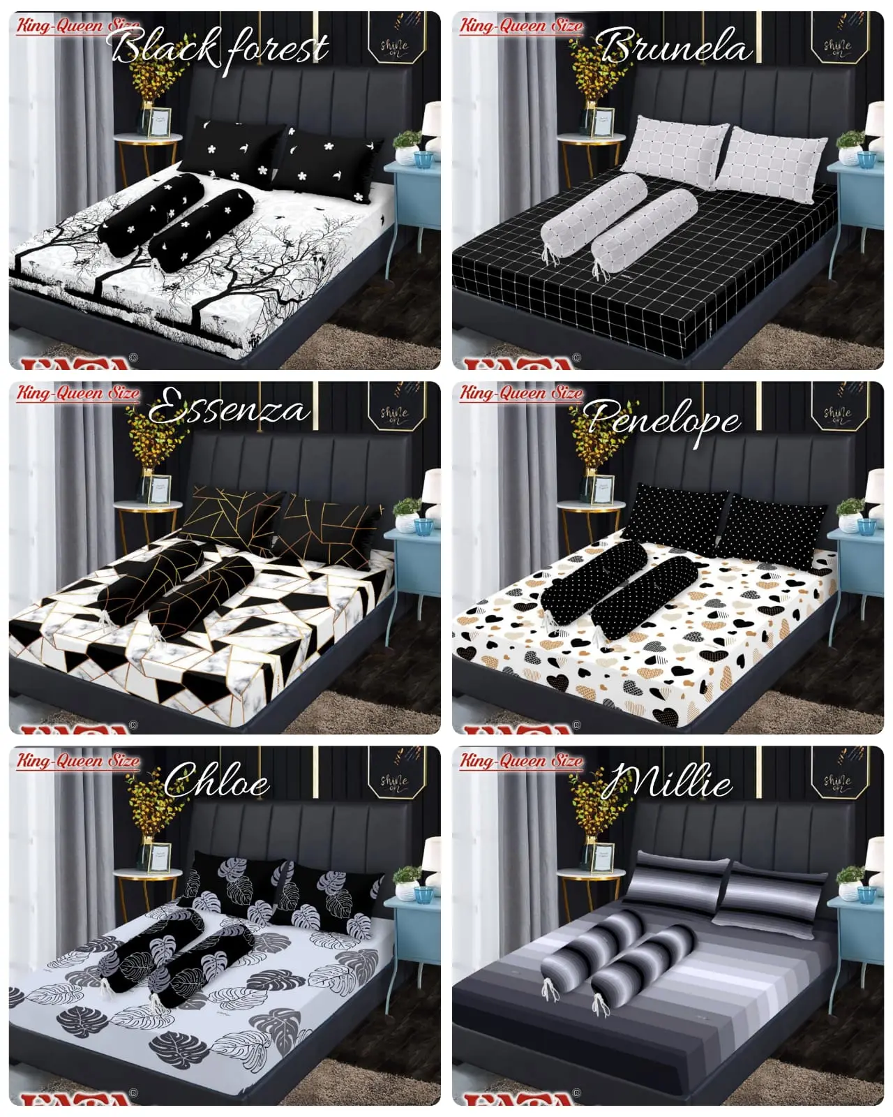 FATA SPREI MONOKROM KING 180x200X20 & QUEEN 160x200X20 Bantal Guling Karet