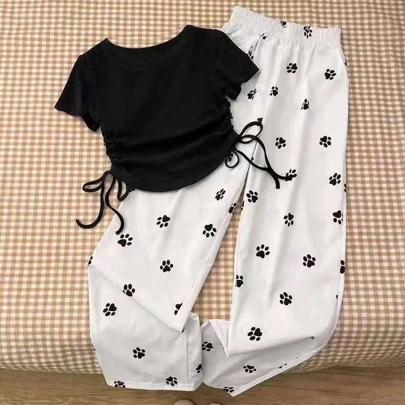2025 Girls' Summer Suits 2024 New Girls Online Red Ocean Style Drawstring T-shirt Fashionable Wide-Leg Pants Summer Clothes Two-Piece Suit