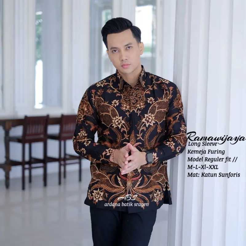 Ramawijaya Kemeja Batik Lengan Panjang Reguler fit Premium Furing Adem Katun Sregenan Kemeja Keren Lamaran Tunangan Wisuda Kantoran Grosir Nikahan Kain Nyaman Dan Tidak Luntur Hitam Atasan 0