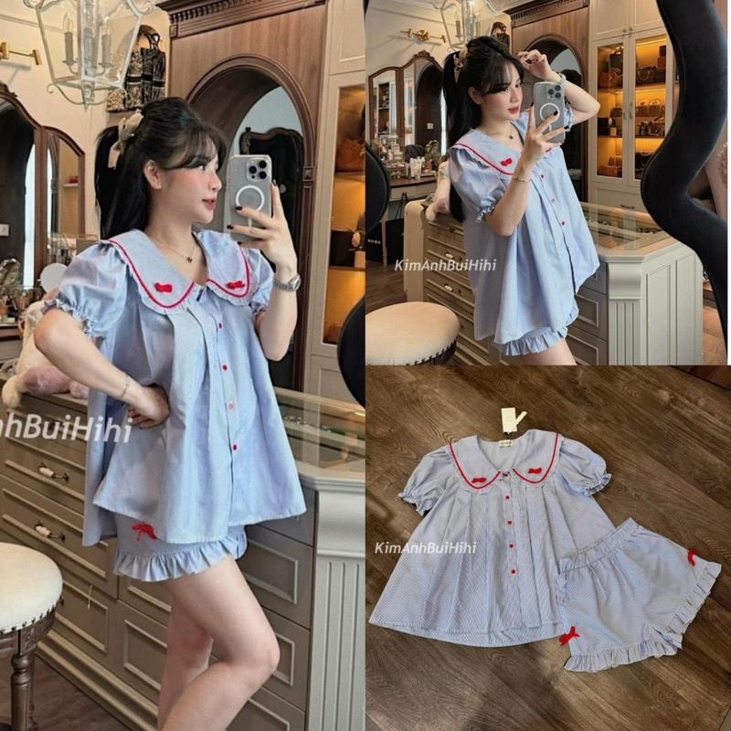 Đồ Bộ Pijama Kẻ Caro nhỏ Cổ Bèo Phối nơ cực xinh xắn free size từ 40-58kg Nữ Quần Ngủ