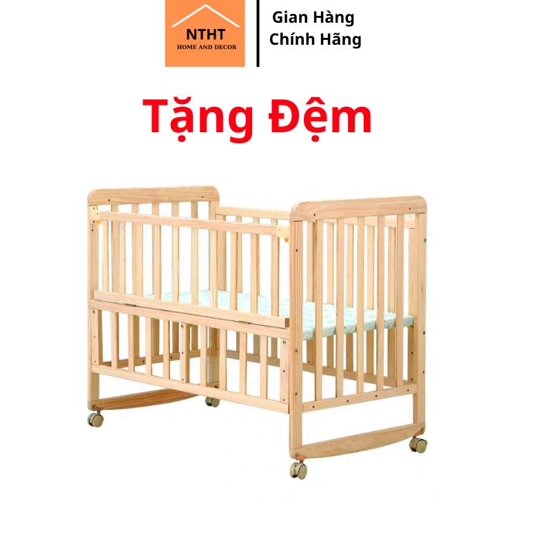 Nôi cũi NTHT cho bé, chất liệu gỗ thông 3 nấc nâng hạ chịu lực 100kg bảo hành 24 tháng hàng xuất khẩu tặng kèm đệm