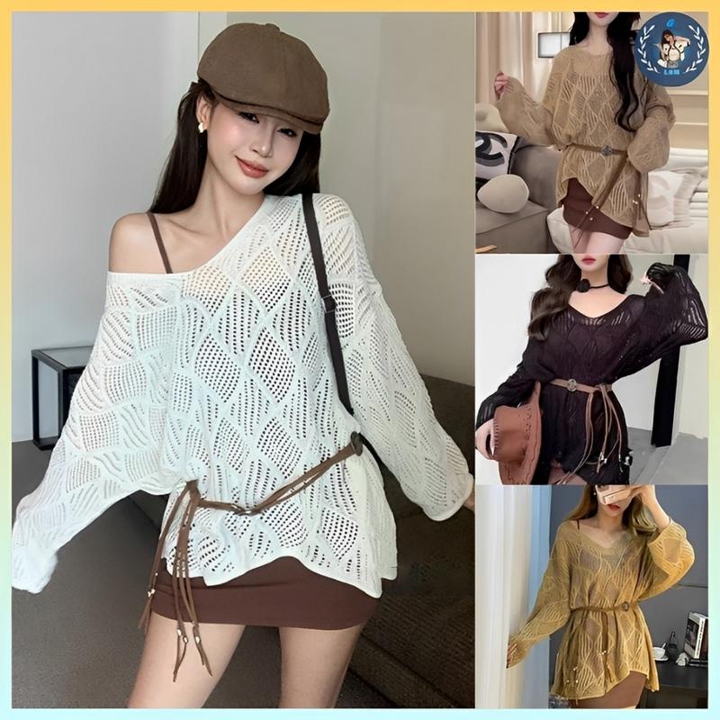[A418] Áo LƯỚI len Montoghi dệt kim LƯỚI XIÊN HÌNH THOI phom rộng tay dài đi biển cá tính - L2M (Top Women Fashion ) 【 hoa hồng  【 Hỏa tốc  