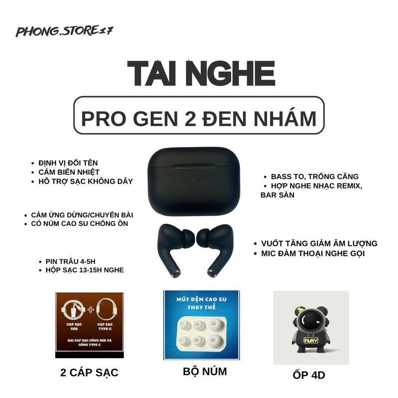 [Tặng Ốp + Cáp Sạc] Tai Nghe Pờ Rồ Gen 2 Đen Nhám - Kết Nối Bluetooth Không Dây Nhét Tai Kem Nghe Nhạc Earphone tai  nghe tai nghe  iphone