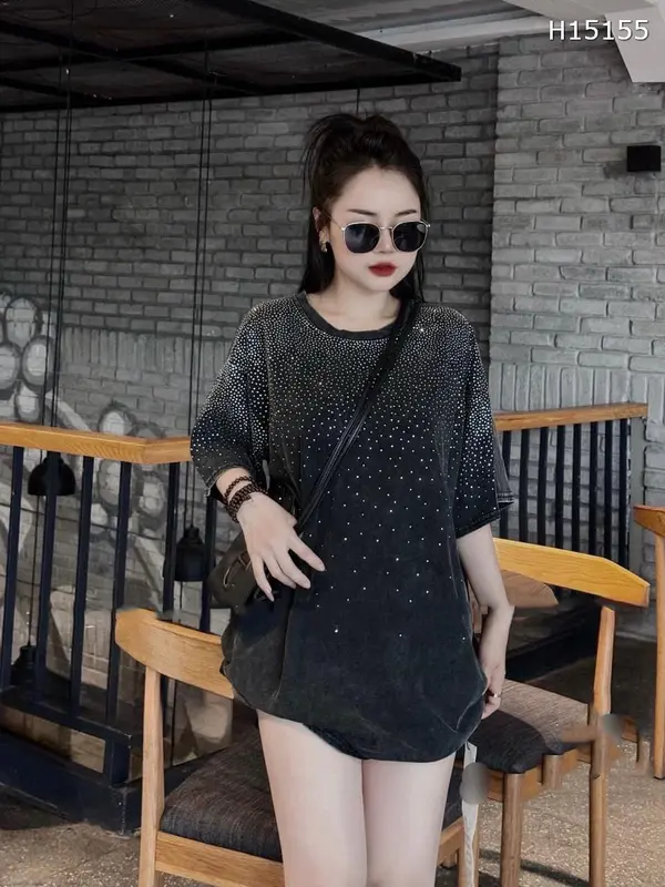 Áo Phông Loang Đính Đá Dáng Rộng, Áo Thun Form Thụng Dấu Quần Hàng QC Loại 1 Cao Cấp Nữ Women Top Nhung Top Nhung - Cotton Vải Loang Cao Cấp 0