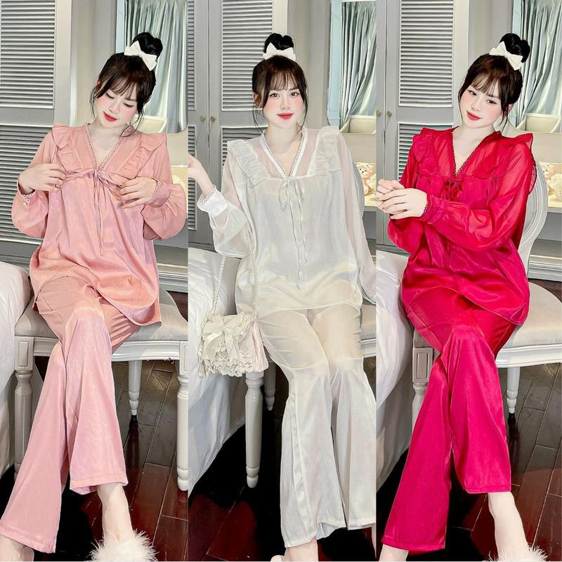 [DEAL SỐC] Bộ đồ ngủ Pijama JUSOKA nữ cổ zen Lụa gấm xước ánh kim tiểu thư hoạ tiết phối voan xinh xắn tay dài