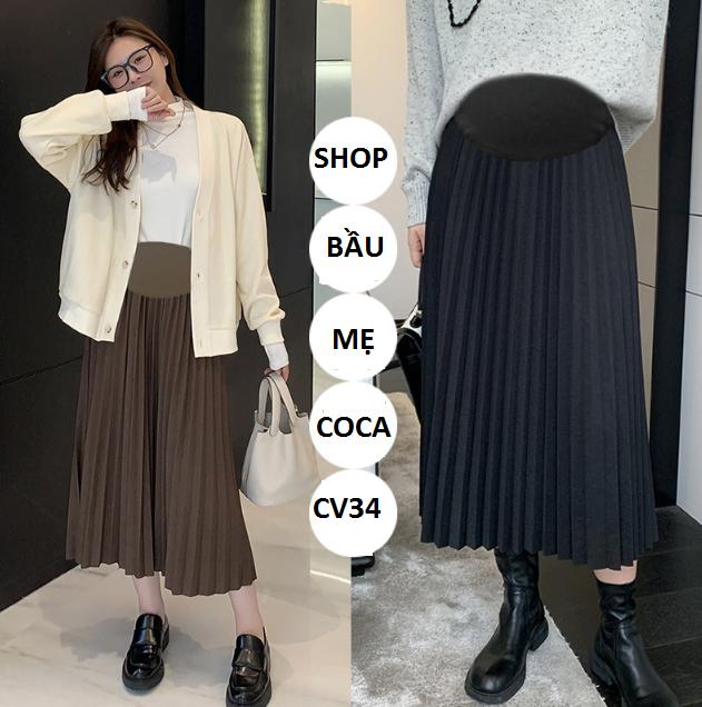 Chân váy bầu dài dập ly CV34-2 màu lựa chọn- hợp mặc mùa thu, đông Nữ Khuy Nâu