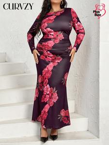 CURVZY Plus Size Floral Print Ruched Bodycon Dress, Elegant Long Sleeve Round Neck Dress for Party Holiday Wedding Guest, Plus Size Dresses, Women's Clothes for Fall & Winter