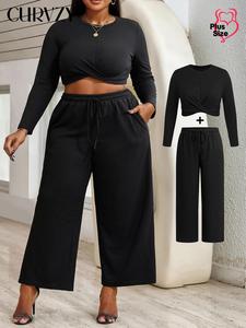 CURVZY Plus Size Autumn Aesthetic Two-Piece Set Solid Criss Cross Crop Tee & Drawstring Waist Pants, Casual Round Neck Long Sleeve Top & Pocket High Waist Trousers for Daily Wear, Women's Two-piece Outfits for Fall & Winter