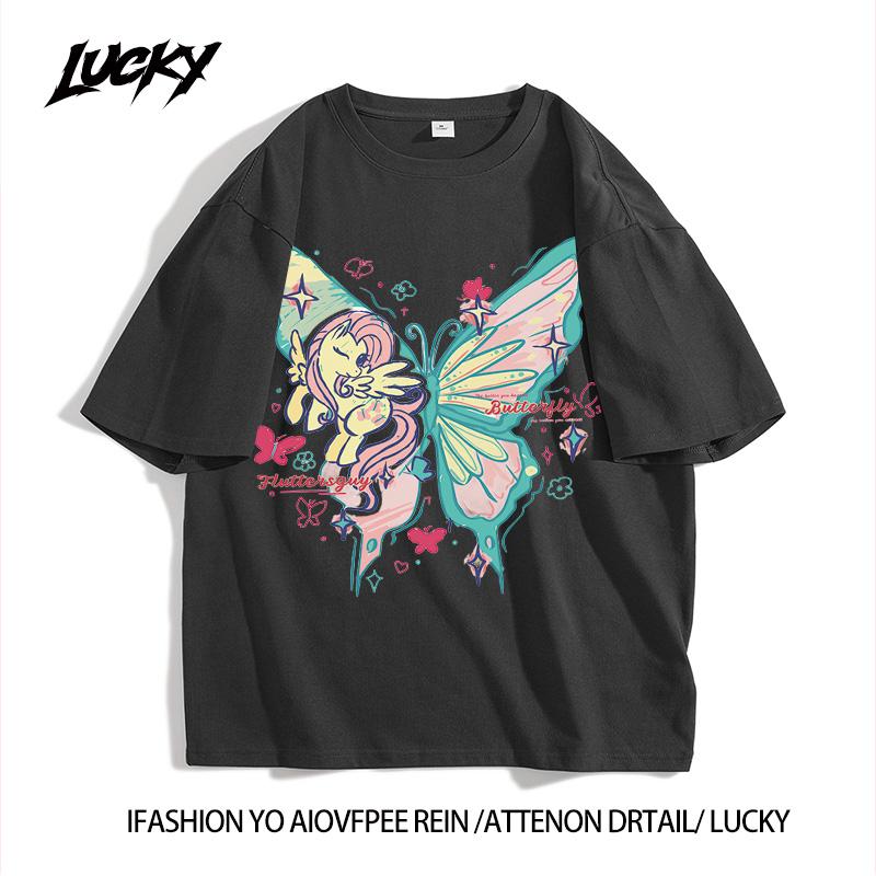 Based on summer butterfly large looseness, round collar short -sleeved T -shirt women 4