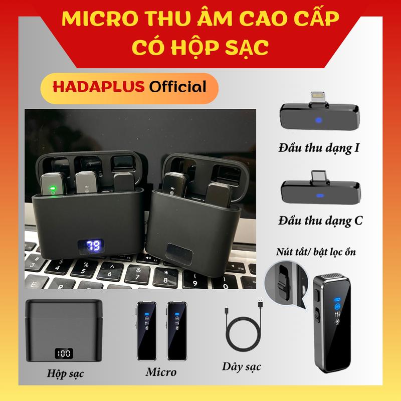Micro Thu Âm Không Dây Cài Áo Cao Cấp HADAPLUS Có Hộp Sạc