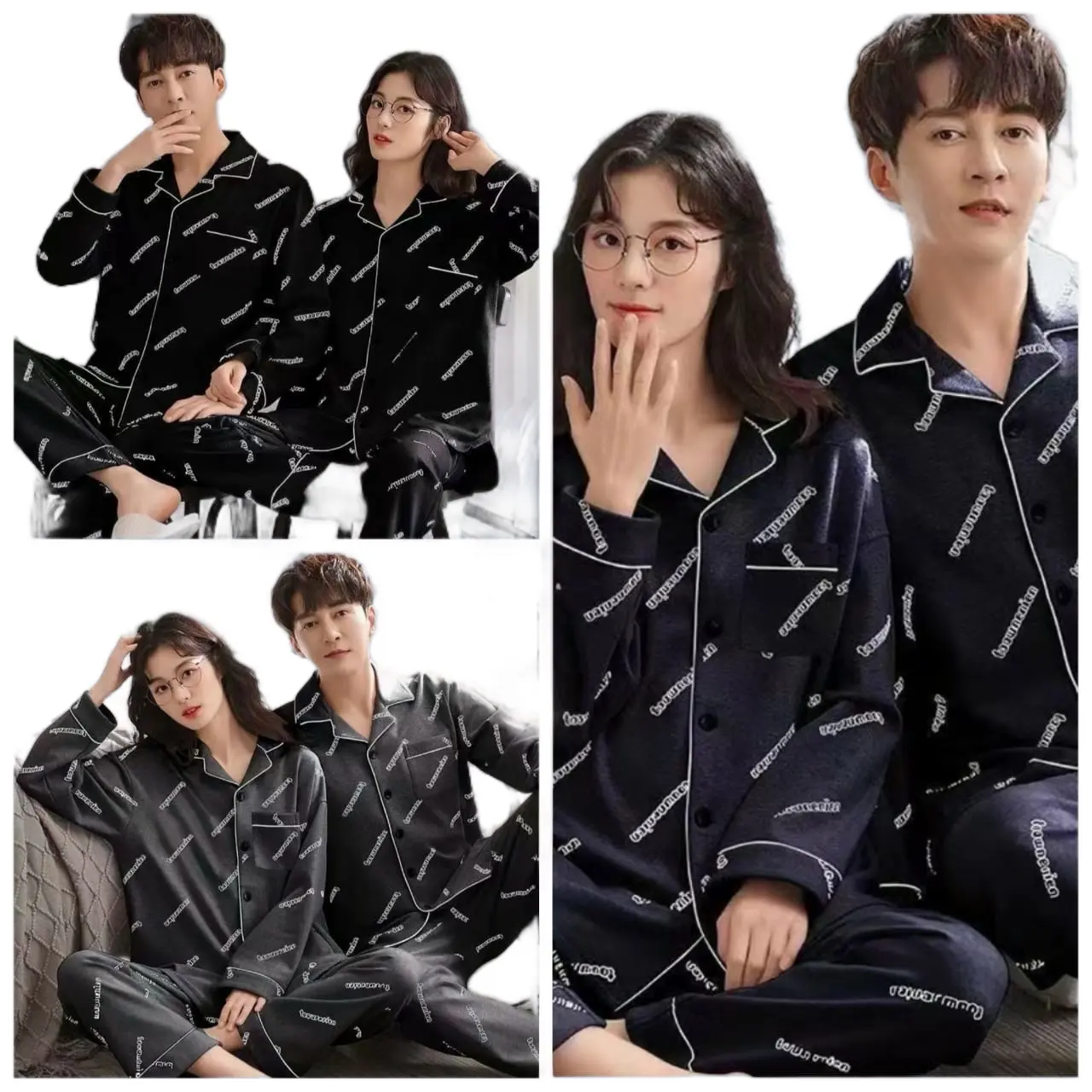 Setelan baju tidur lengan&celana panjang katun stretch