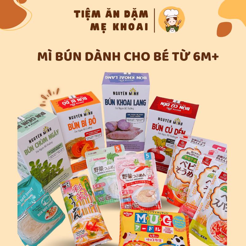 Các loại mì somen tách muối hữu cơ cho bé ăn dặm từ 5m : mì somen Hakubaku, mì somen vụn KidMama, mì ngũ sắc rau củ Food Thức Ăn