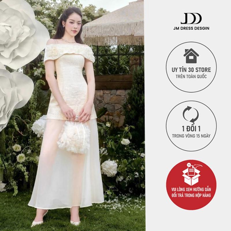 Đầm 2 dây ngang vai phối hoa đính 3D 1P02.2505K, thiết kế váy đi tiệc bay bổng mang dấu ấn couture JM Dress Design