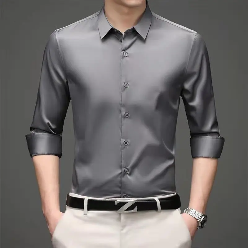 Áo Sơ Mi Dài Tay Lụa Lạnh Dành Cho Nam Giới, Trang Phục Công Sở Trang Trọng, Dáng Ôm, Chống Nhăn, Không Sắt, Chất Liệu Mịn, Thích Hợp Cho Mùa Thu Năm 2025