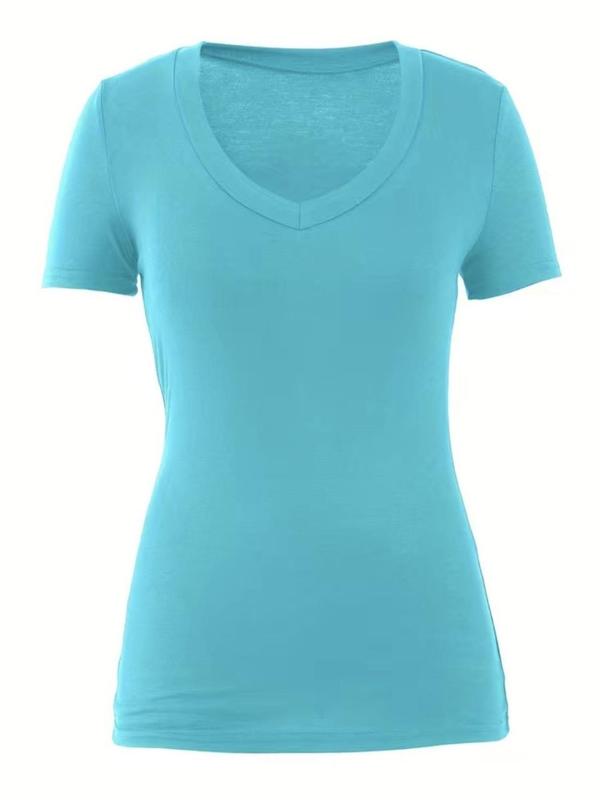【Plus Size】 Solid V Neck Tee, Casual Short Sleeve T-shirt for Daily Wear, Women Clothing for All Seasons 2
