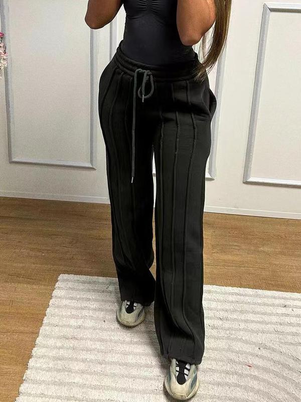 Women's Plain Plicated Drawstring Waist Straight Leg Pants, Casual Comfy Elastic Waist Pocket Trousers for Daily Wear, Vibrant Pants Women, Ladies Bottoms for All Seasons, Trousers for Women, Wide Legged Pants 5