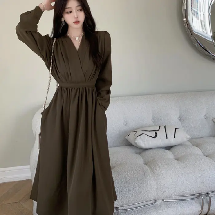Gaun Musim Luruh Wanita, Saiz Besar, Ketibaan Baru, Gaya Perancis, Leher V, Pinggang, Lengan Panjang, Sesuai untuk Wanita Gemuk, Menyembunyikan Perut, Skirt Pelangsingan, Skirt Panjang
