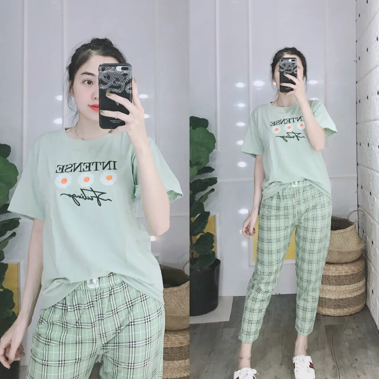 Bộ dài 3 hoa cúc quần caro (BS2)