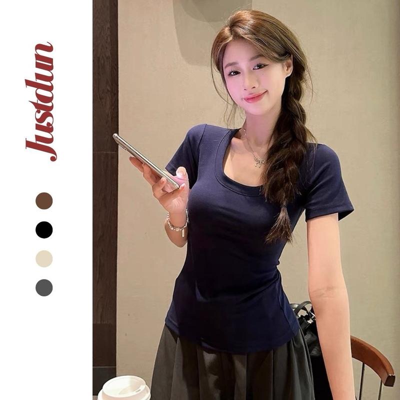Áo thun nữ cộc tay vải cotton cổ vuông ôm body Justdun A38