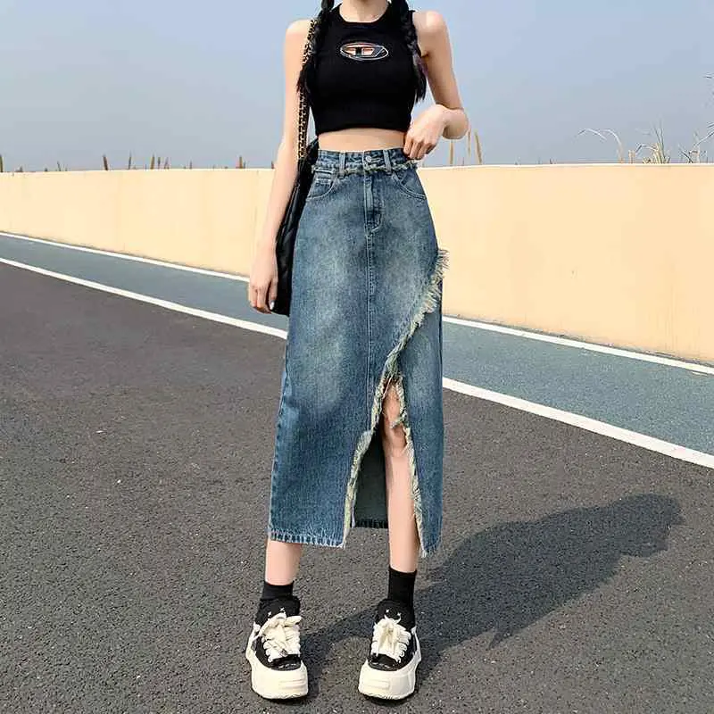Chân Váy Denim Xẻ Tà, Cạp Cao, Dành Cho Nữ, Hàng Mới Về Năm 2024, Thích Hợp Cho Mùa Hè, Chân Váy Tua Rua Dài Trung Bình Với Một Vòng Mông Chữ A Nhỏ Phong Cách Y2K, Chân Váy Nữ Khuy