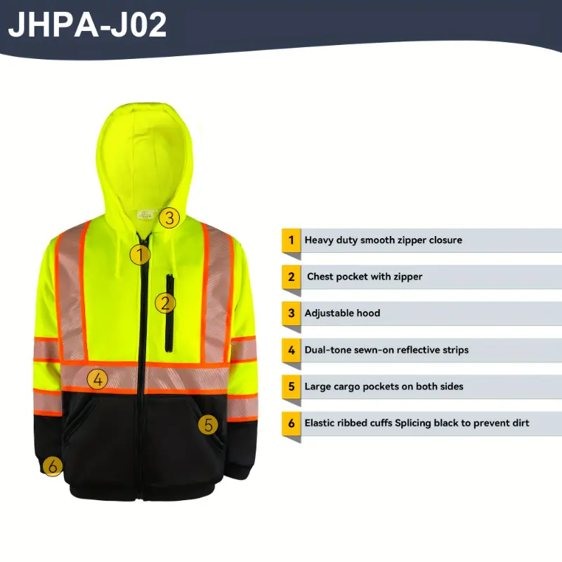 High Visibility Safety Zip Up Hoodies Jacket For Men ANSI Class 3 Reflective Sweatshirt With Black Bottom Pockets